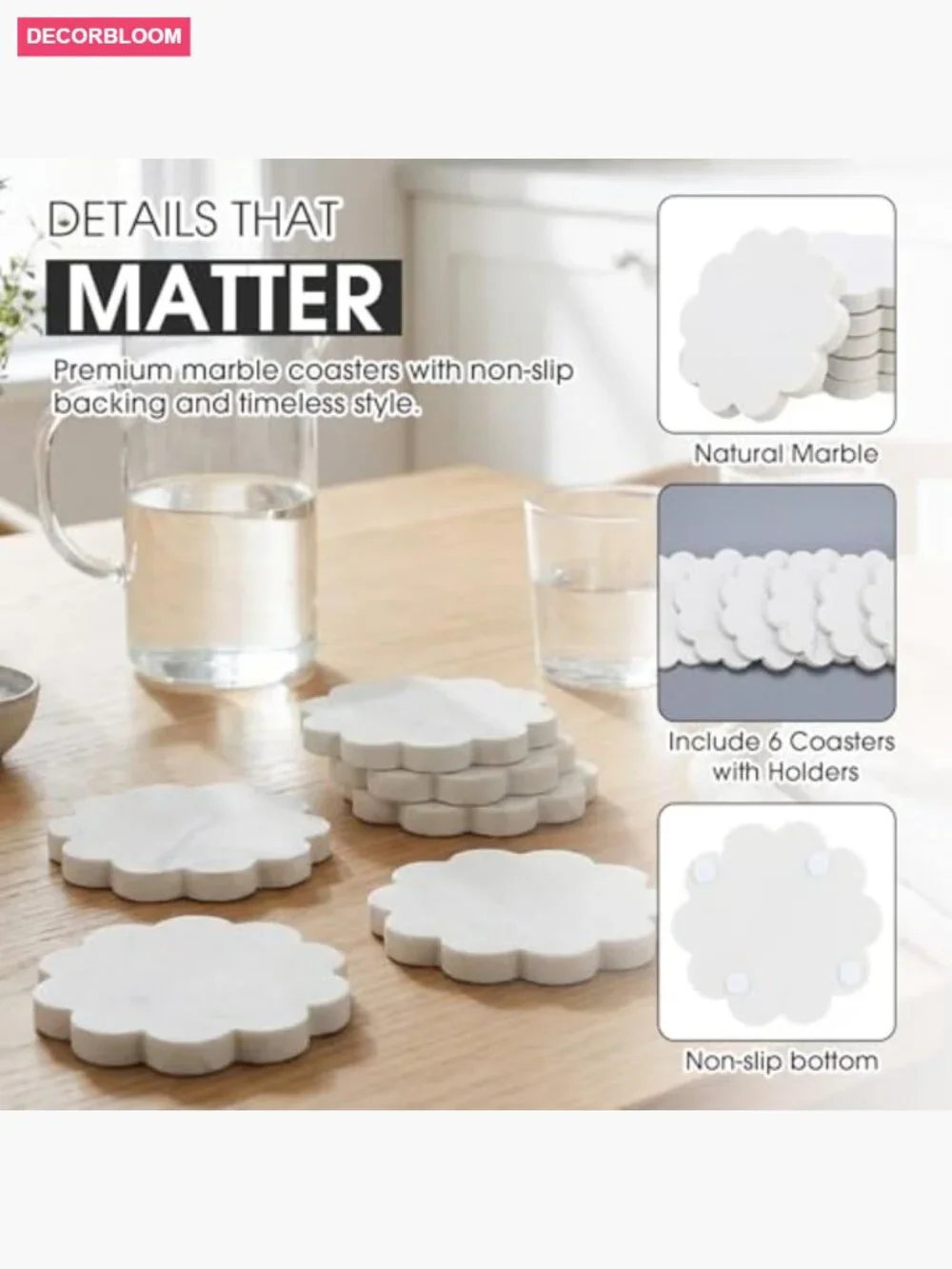 6 Piece Natural Marble Coaster Set - Scalloped Square Stone Drink Coasters